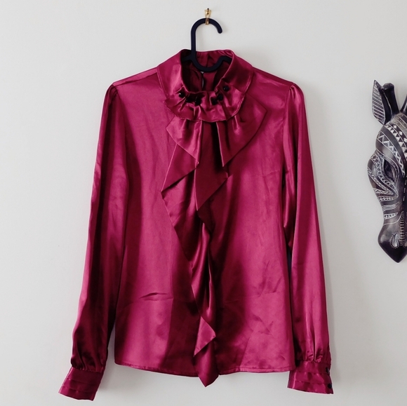 Tops - Vintage Satin Ruffle Neck Blouse - Deep Berry, Fits like S to M